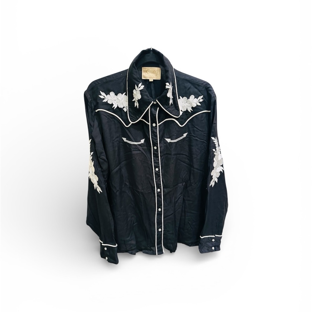 Scully Black with White & Silver Embroidery Pearl Snap Shirt